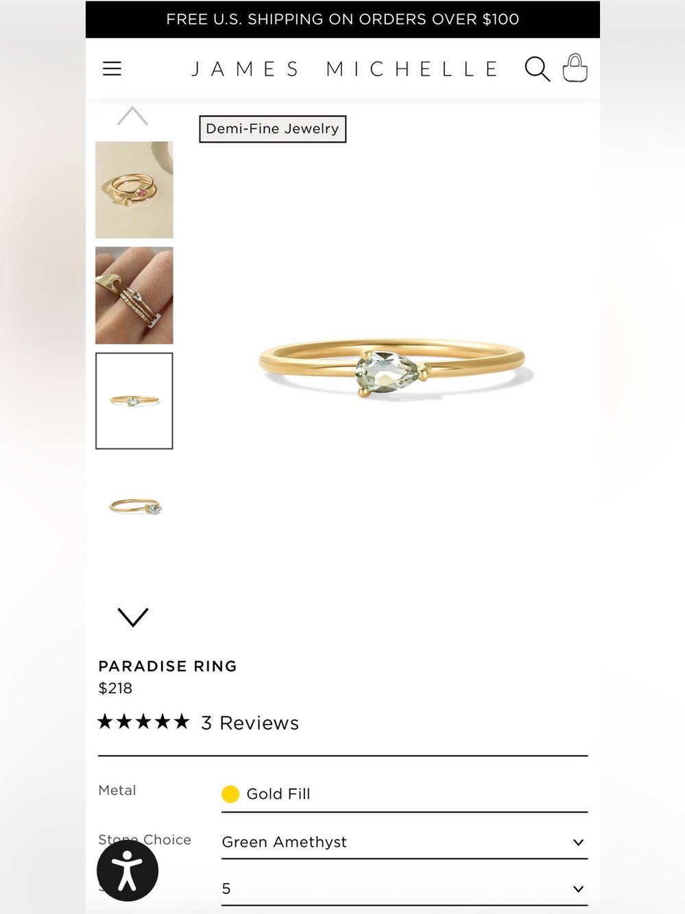 James Michelle Paradise Gold-Fill Ring with Green Amethyst Stone (size 5)